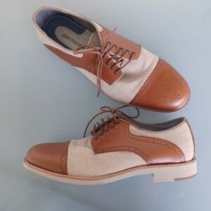 Johnston & Murphy Mens 12M Brown Leather Tan Canvas Cap Toe Oxford Shoes 20-0742